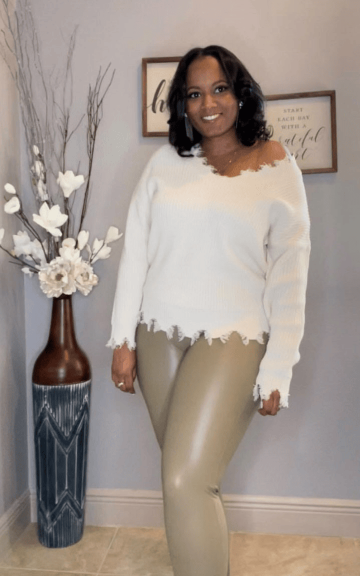 pearl sweater and faux leather leggings