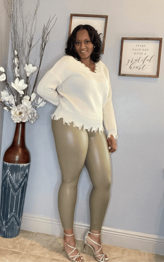 pearl sweater and faux leather leggings